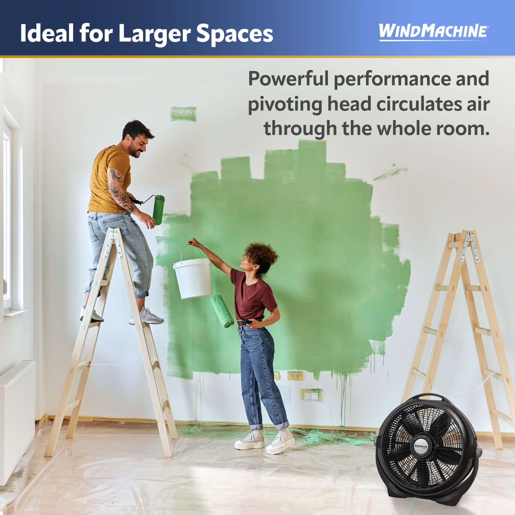 Lasko WindMachine 20" Large Floor Fan with Pivoting Head for Whole Room Cooling, 3-Speed  High Performance Air Circulator Fan, Black, A20302