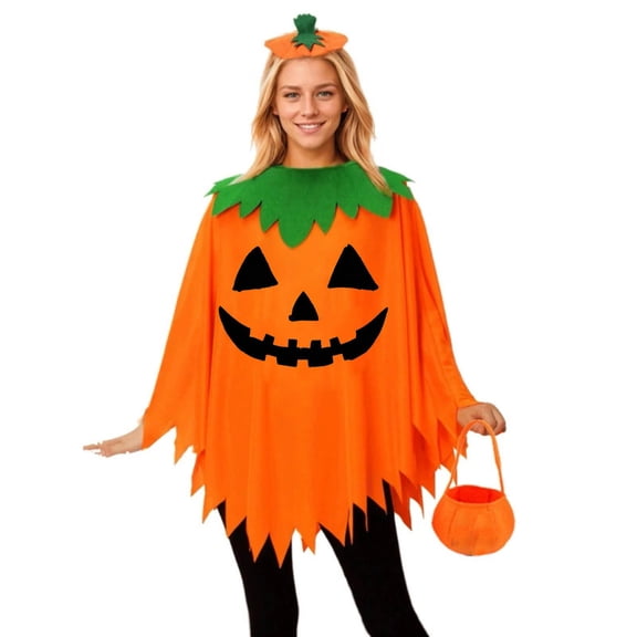 Adult Halloween Pumpkin Cape 3 Piece Set, Jack O Lantern Poncho with Pumpkin Headband and Trick or Treat Candy Bag, Cosplay Party Stage Outfit(Orange,One Size)