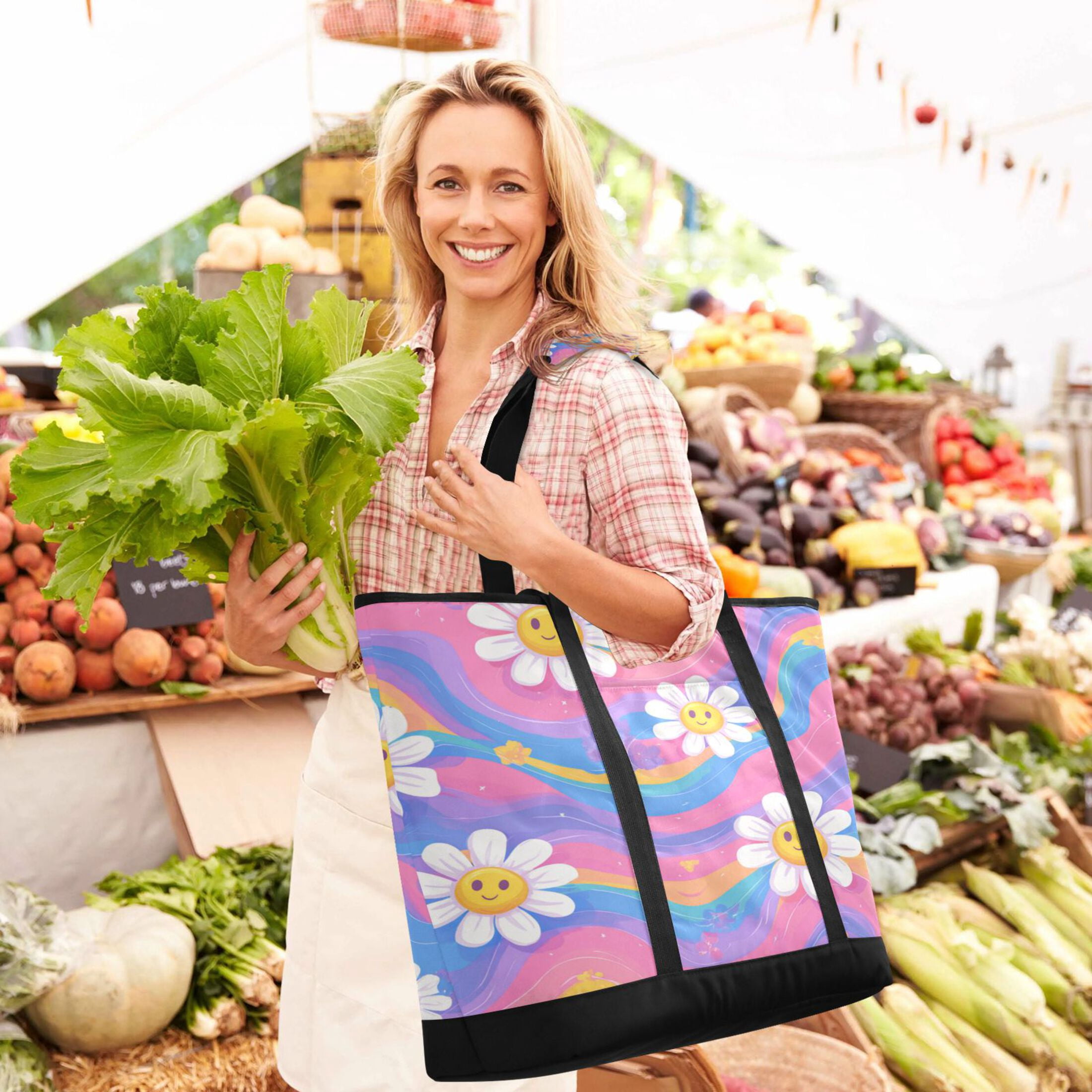Extra-Large Wide Opening Design Capacity Hand-Held Ice Pack Thickened Insulation Layer For Long-Lasting Cold Retention For Outdoor Shopping Picnics And Camping Adorable Daisies