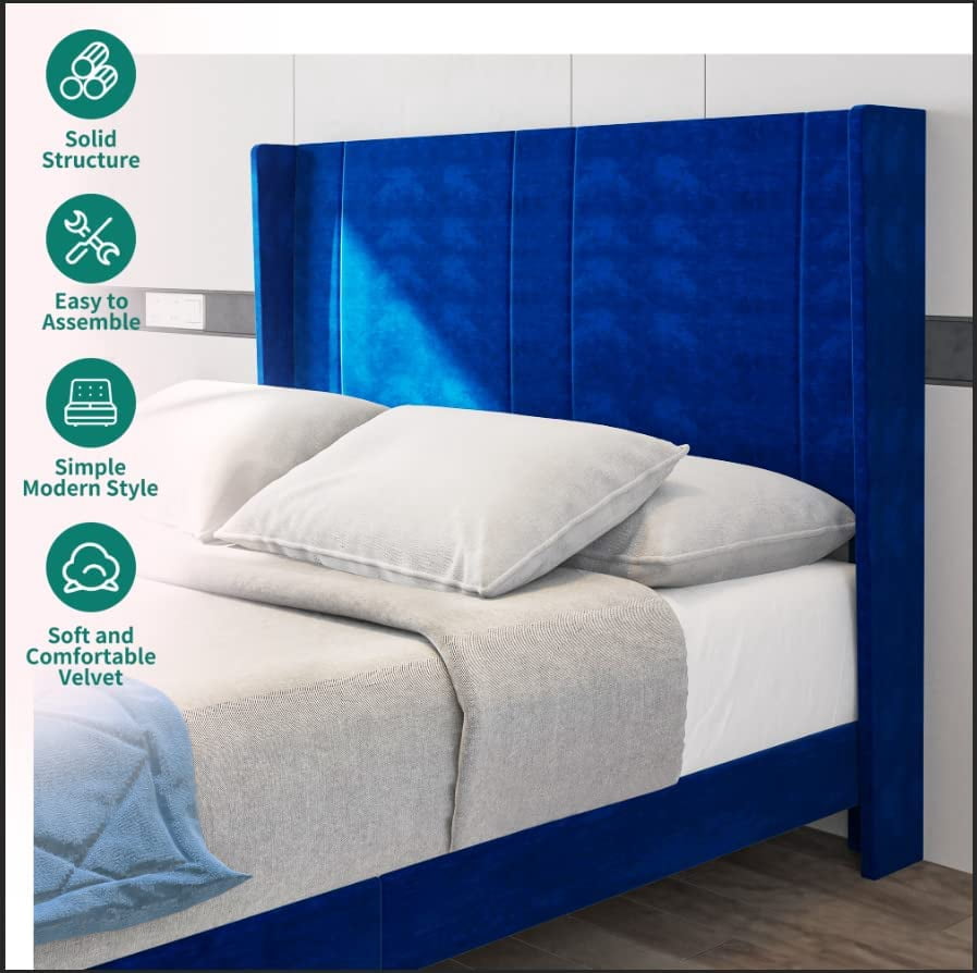 Dextrus Upholstered Wingback Platform Bed with Navy Blue Headboard,  No Box Spring Needed(Queen)