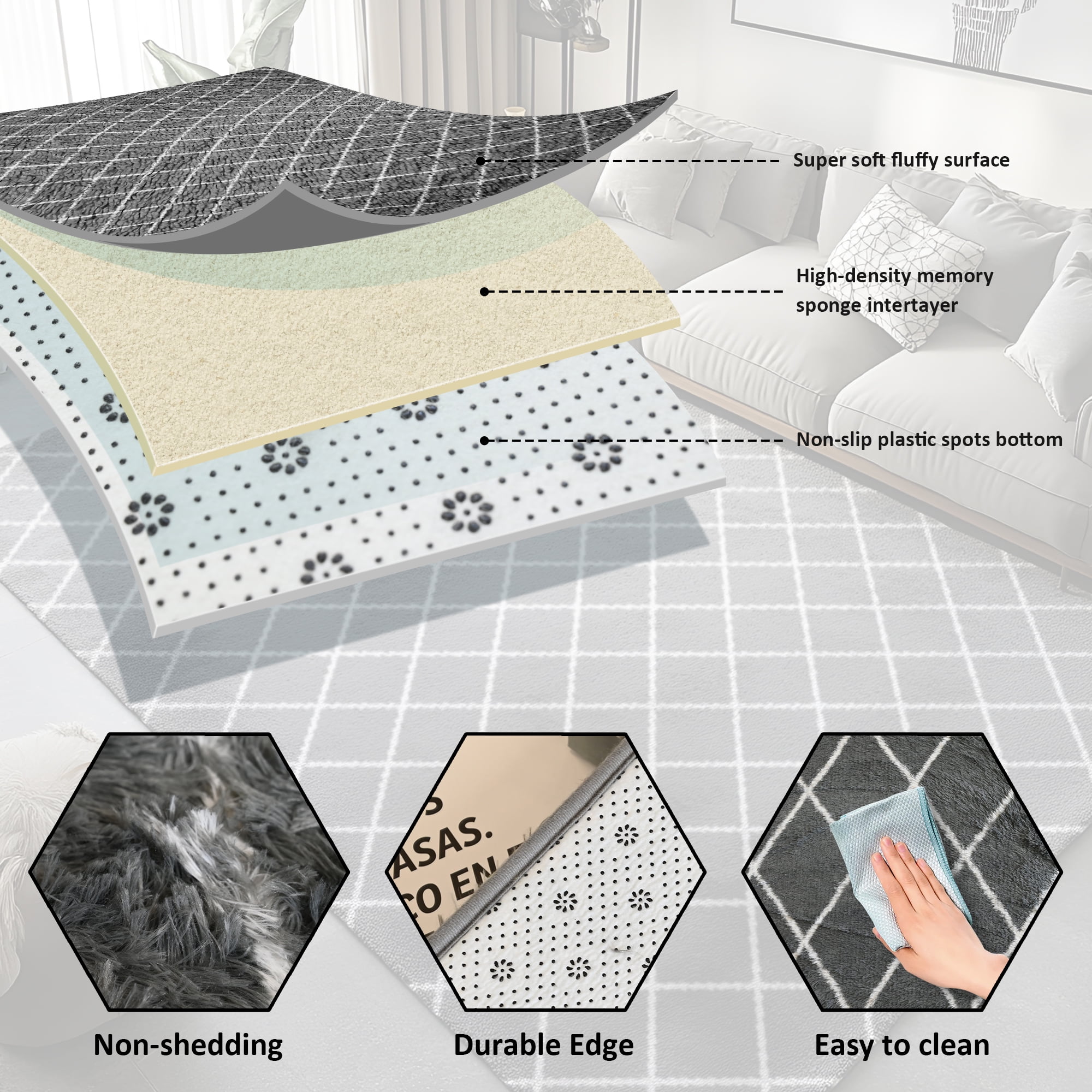 Pentantan 5ft x 8ft Shag Area Rugs for Living Room, Modern Grid Fluffy Bedroom Carpet, Gray & White