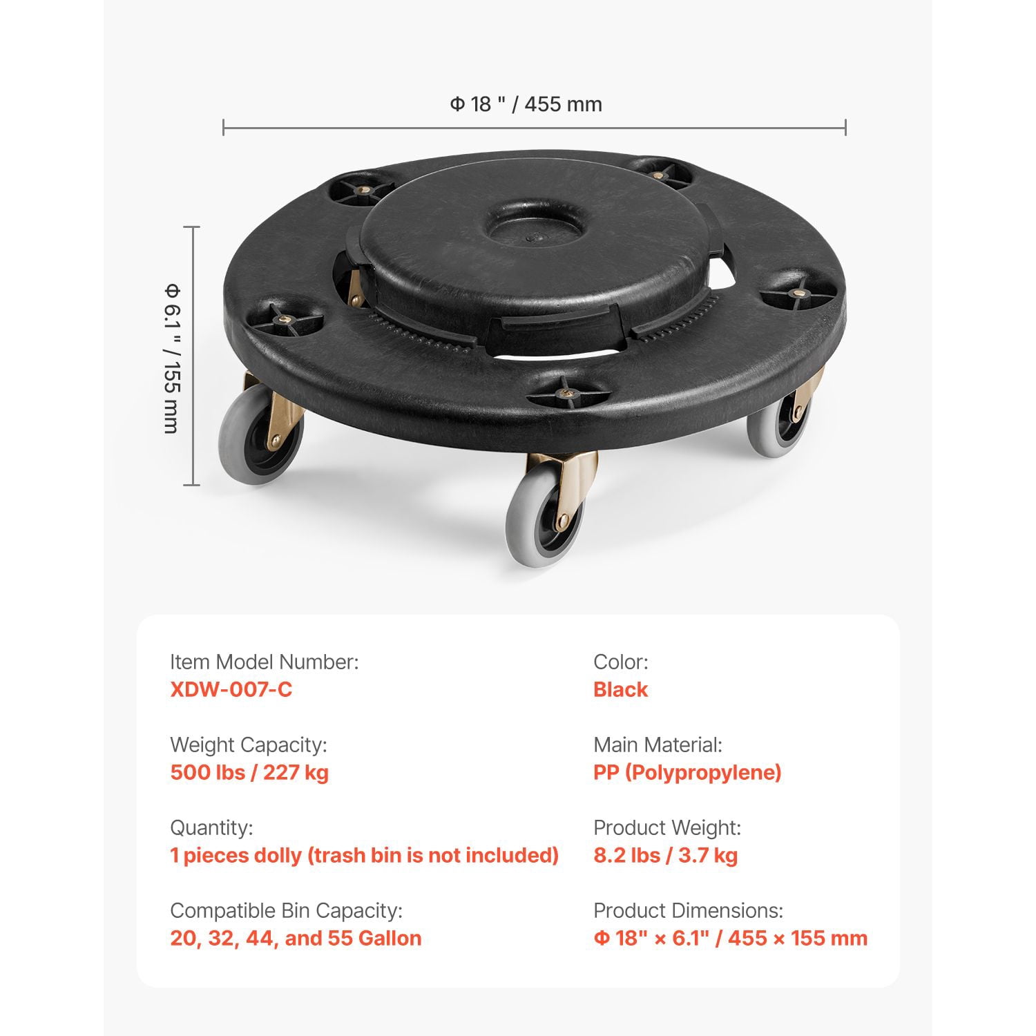 Trash Can Dolly, Fit 20, 32, 44, 55 Gallon Containers, Round Trash Can Roller Base with 4 Lockable Wheels, 500lbs Weight Capacity, Heavy Duty Barrel Dolly, Multi-Functional Rolling Dolly Cart