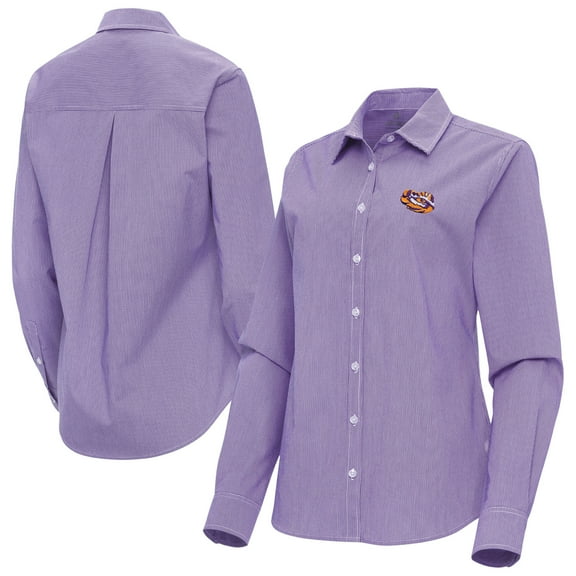 Women's Antigua Purple LSU Tigers Porter Woven Tri-Blend Long Sleeve Button-Up Shirt