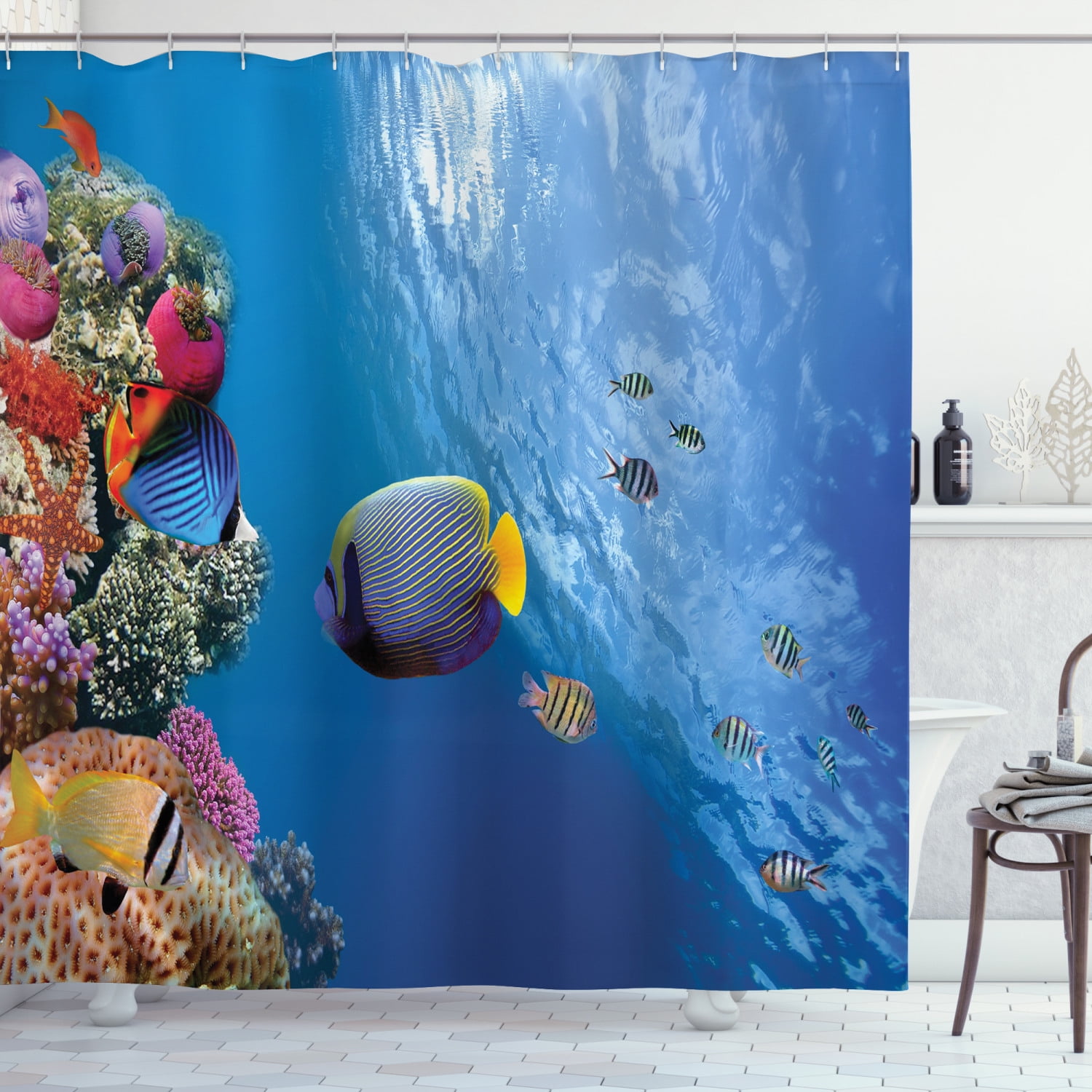 Under the Sea Shower Curtain, Tropical Emperor Long Living Angelfish in