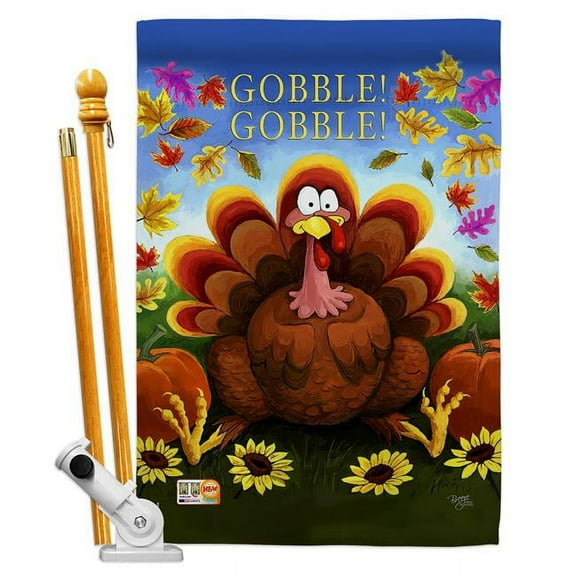 Breeze Decor BD-TG-HS-113051-IP-BO-D-US14-AL 28 x 40 in. Gobble Fall Thanksgiving Impressions Decorative Vertical Double Sided House Flag Set with Pole Bracket Hardware