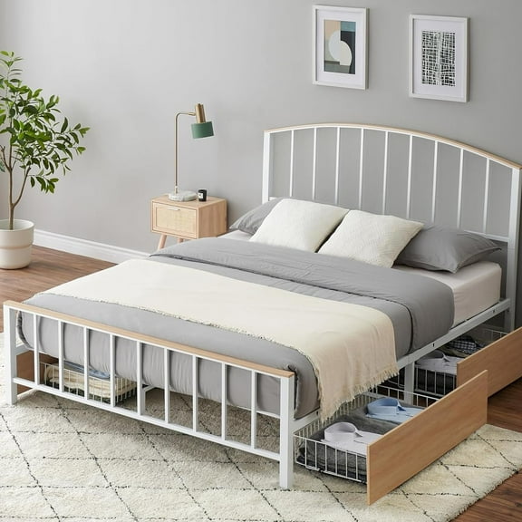 TROPOW Queen Bed Frame,with Headboard and Footboard, 4 Storage Drawers, No Box Spring Needed, Upgraded Midfoot Structure,White
