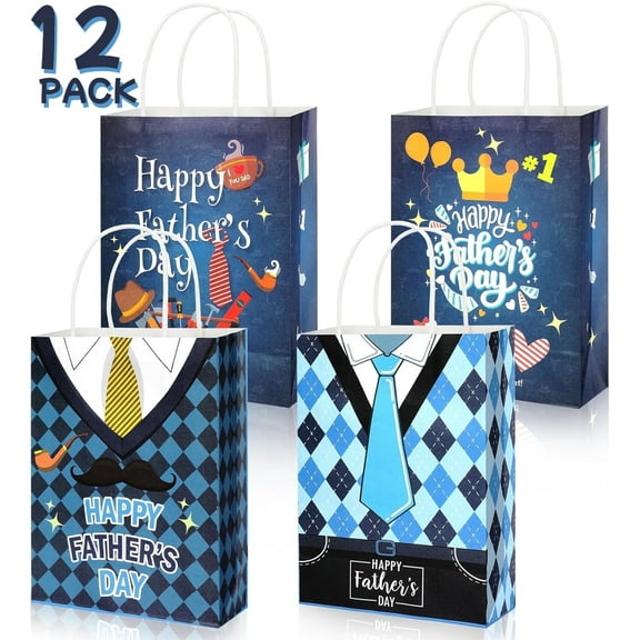 12 Pack Happy Father's Day Gift Bags Blue Father's Day Paper Gift Bags for Dad Theme Party Supplies Gift Bags for Men Dad Papa