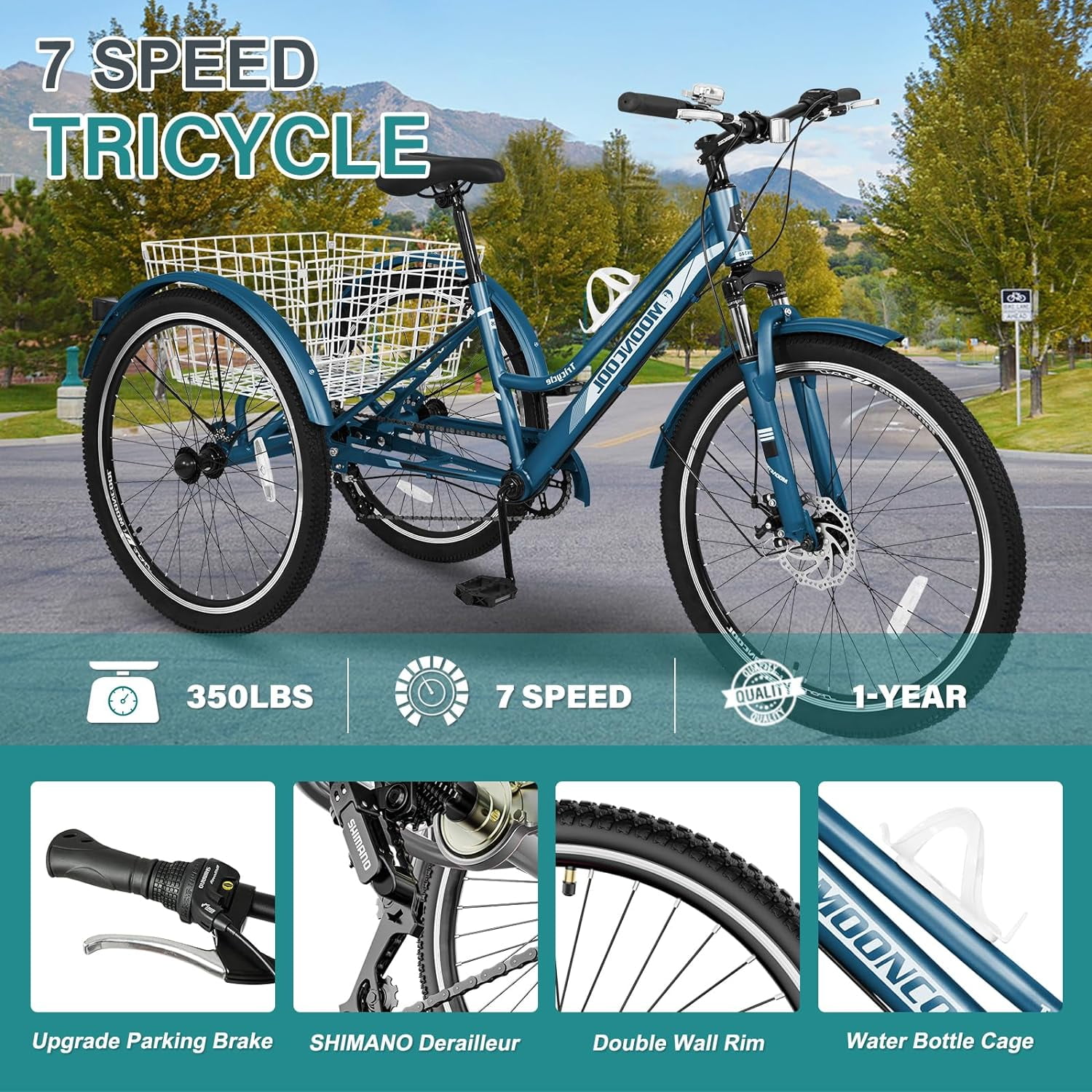 Mooncool Mountain Tricycle for Adults, 7 Speed Three Wheel Bike, 24/26/27.5 Inch Adults Trikes with Shopping Basket, Exercise Men's Women's Tricycles