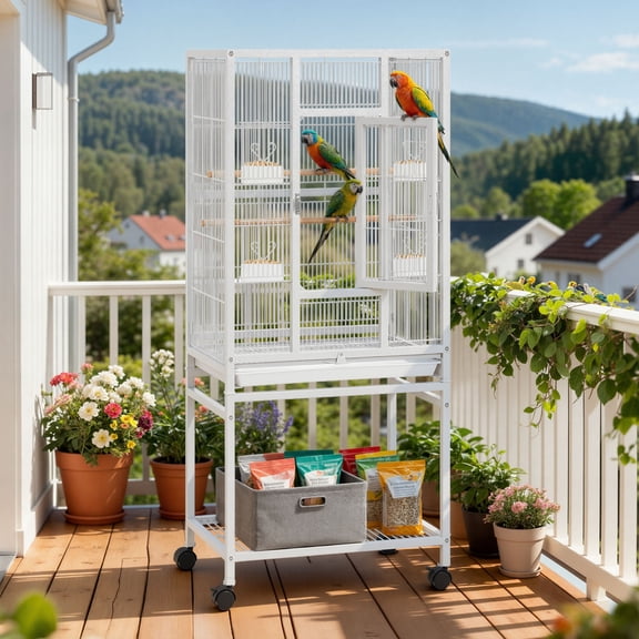 Uforic 53" Metal Birdcage with Rolling Stand and Castor Wheels, Large Parrot Cage with 2 Perches and 4 Feeders, Spacious storage rack sits, White