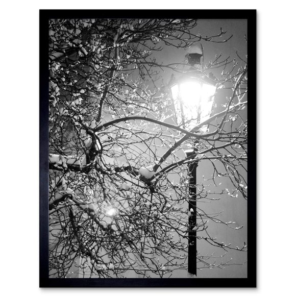 Wee Blue Coo Lonely Street Lamp Winter Night Black White Art Print Framed Poster Wall Decor 12x16 inch