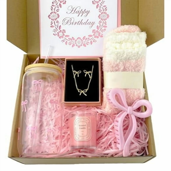 Birthday Gifts for Women,Teen Girls, Her, Happy Birthday Unique Trendy Stuff Gift Box Basket for Mom, Sister, Daughter, Friends, Wife, Cute Coquette Pink Bow Glass Cup Gifts Set 7 Pcs