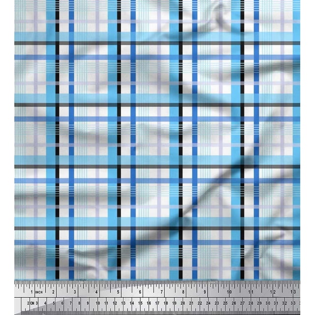 Soimoi Blue Modal Satin Fabric Gingham Check Decor Fabric Printed Yard 42 Inch Wide