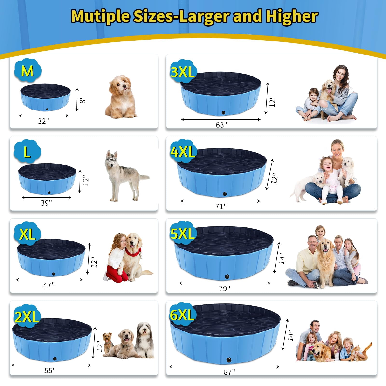 Foldable Dog Pool for Large Dogs & Kids, Collapsible Hard Plastic Kiddie Pool Non-Slip Pet Bath Tub for Outdoor Backyard, Blue