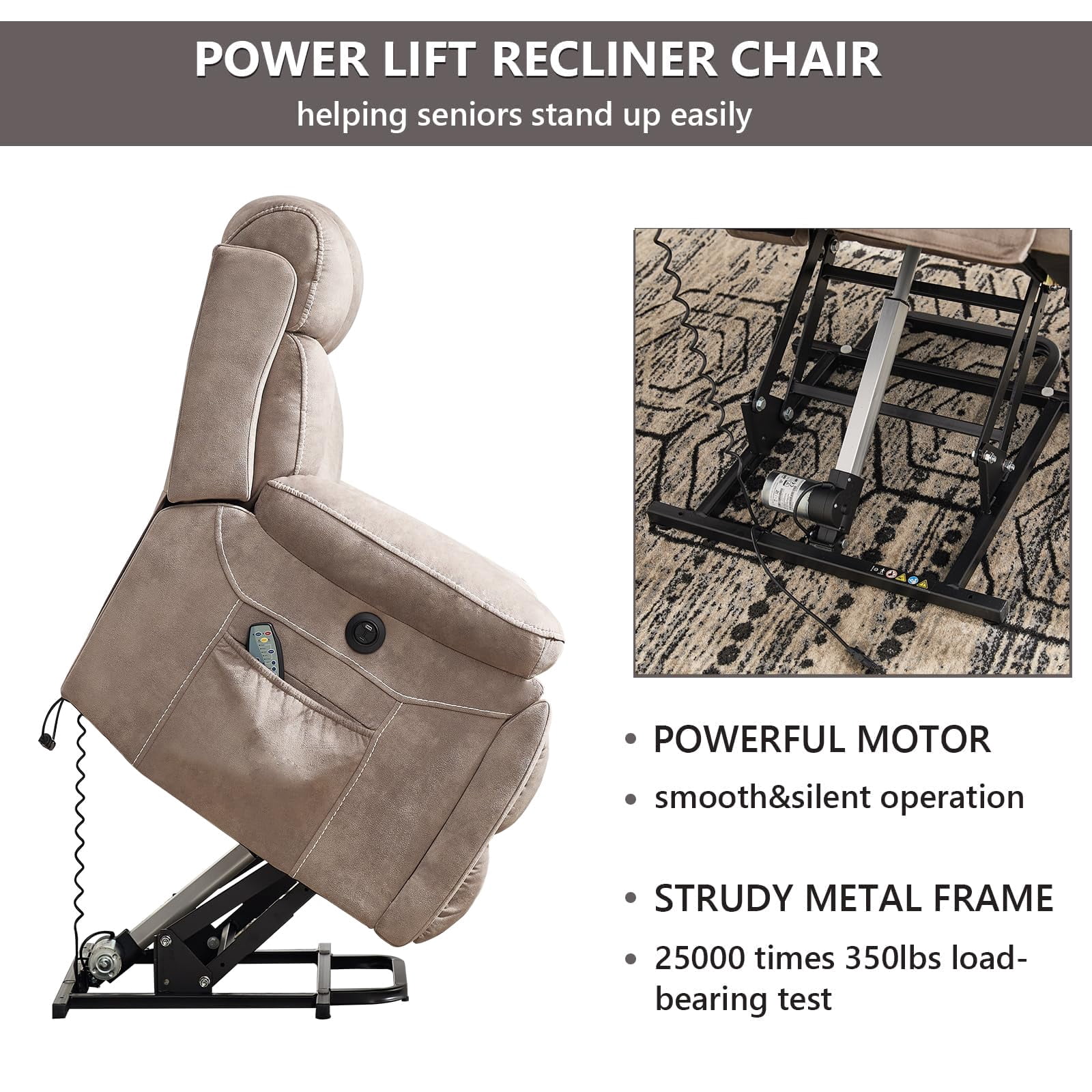 Ebello 40.5" Wide Extra Large Microfiber Electric Heated Massage Lift Recliner Living Room Chair with Cup Holder & USB, Light Brown