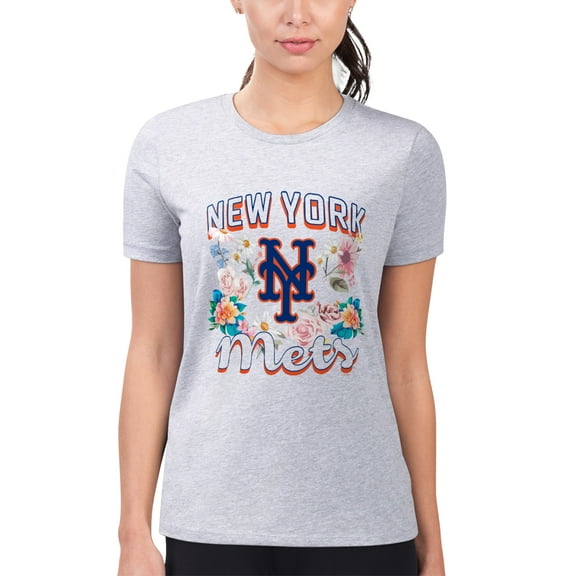 Women's G-III 4Her by Carl Banks Heather Gray New York Mets Super-Slim Fit Lightweight Flowers Graphic T-Shirt
