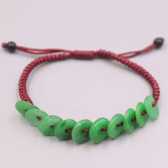 K-KED Real Jade Jadeite Bracelet Green Circle Bead For Women Weave Bracelet Gift-Dark Red Rope