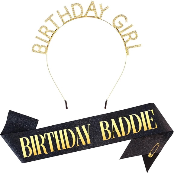 Birthday Baddie Sash and Tiara Glitter Sash with Foil and Headband for Women Girls Funny Birthday Party Favor Supplies