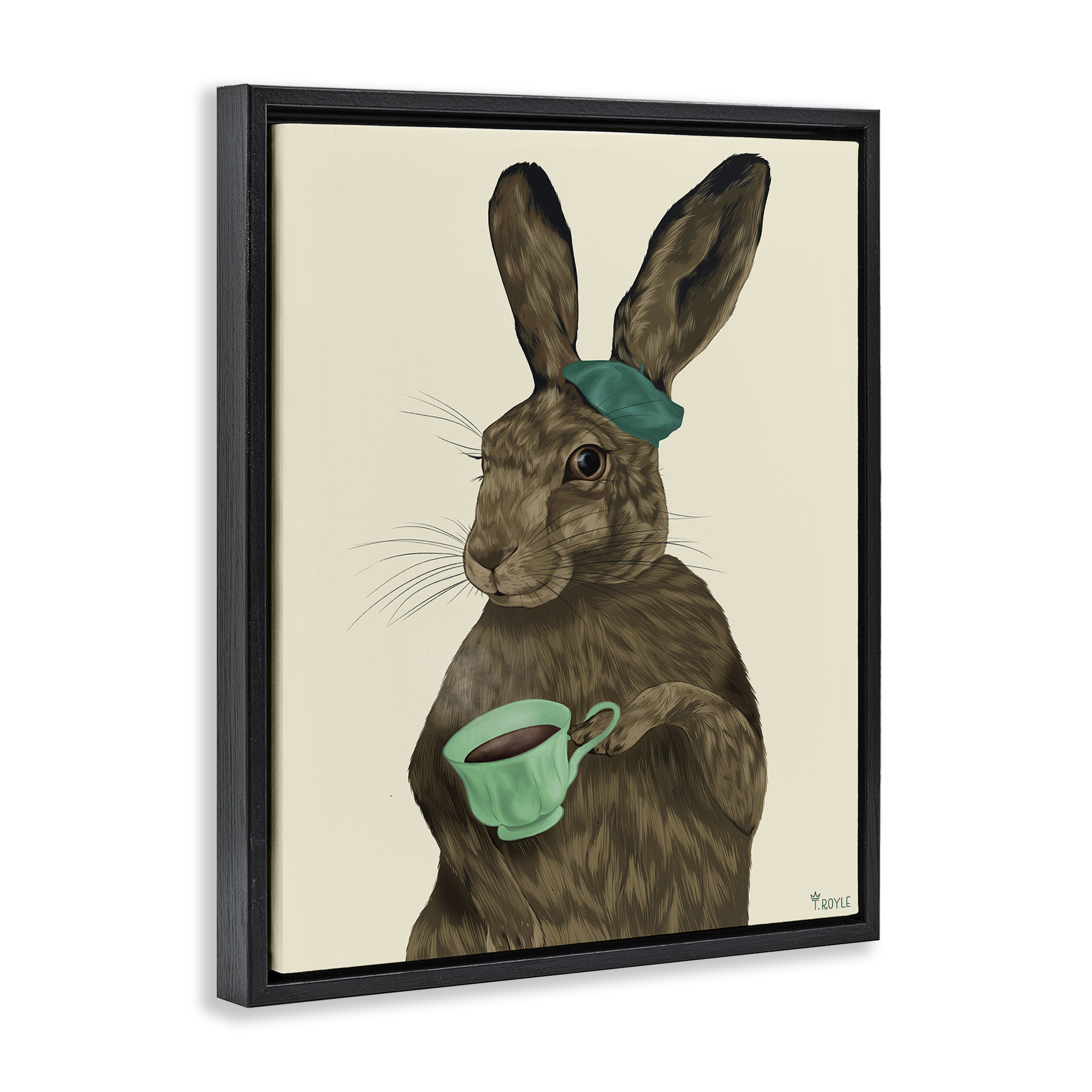 Stupell Industries Rabbit & Green Teacup Animals & Insects Painting Black Floater Framed Canvas Art Print Wall Art, 25 x 31