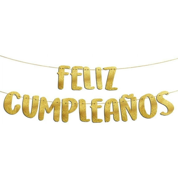 Feliz Cumpleaños Gold Glitter Banner, Spanish Happy Birthday Banner, Fiesta Mexican Themed Birthday Party Decorations