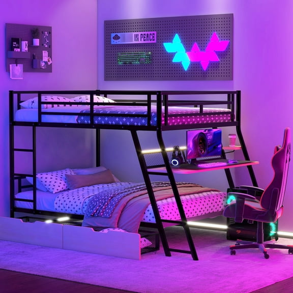 Black Metal Bunk Bed With Built-in Desk, And 2 Functional Drawers - Full Size Bedroom Artfully Arranged