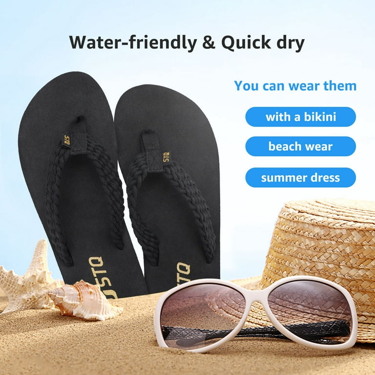 STQ Womens Flips Flops with Yoga Mat Quick Dry Thong Sandals for  Water,Shower,vacation All Black 8 US