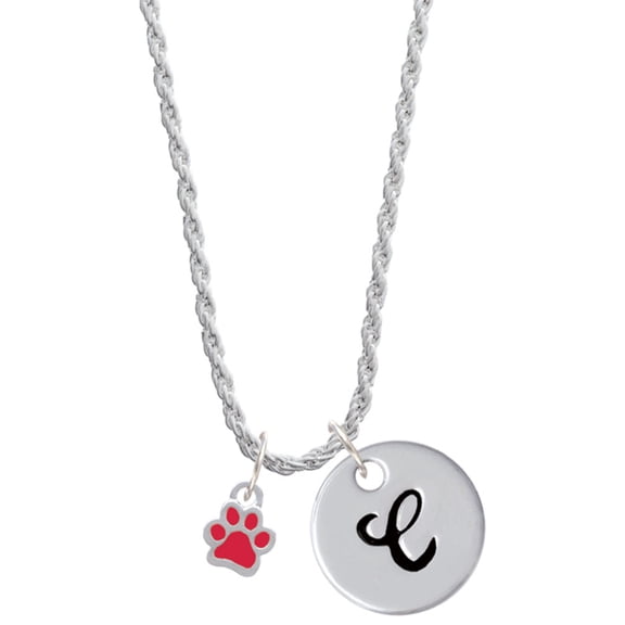 Delight Jewelry Silvertone Mini Translucent Red Paw Silvertone Script Initial Disc - C - Charm Necklace, 20"+3"