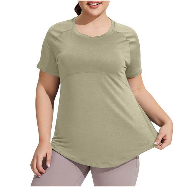 Lenpel Hauts d'Entraînement Grande Taille pour Femmes Col Rond Manches Courtes Ourlet Incurvé Course Yoga Gym T-Shirts Athlétiques Amples
