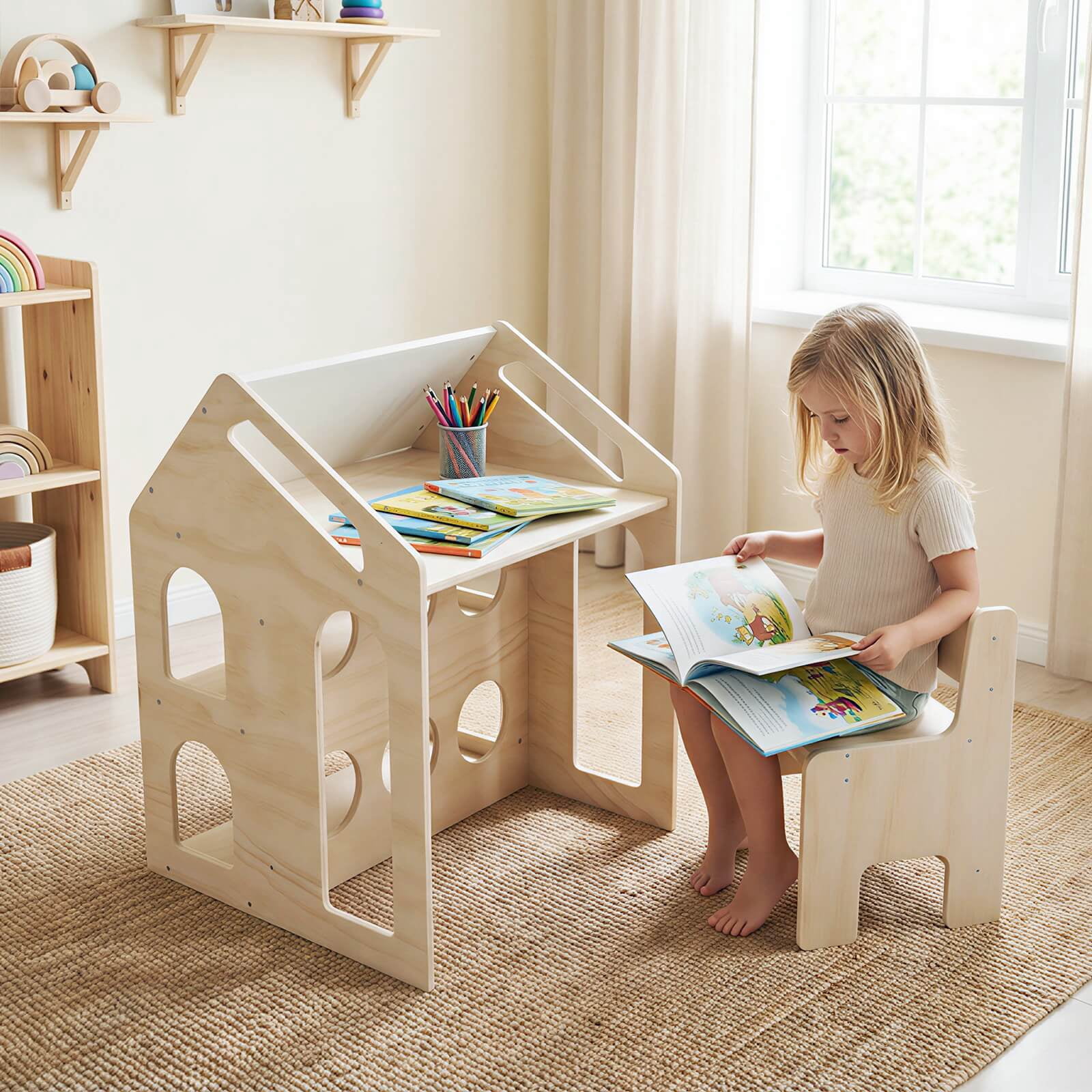 Costway House-shaped Kids Table & Chair Set with Top Chalkboard, 2 Open Storage Shelves Natural + Black