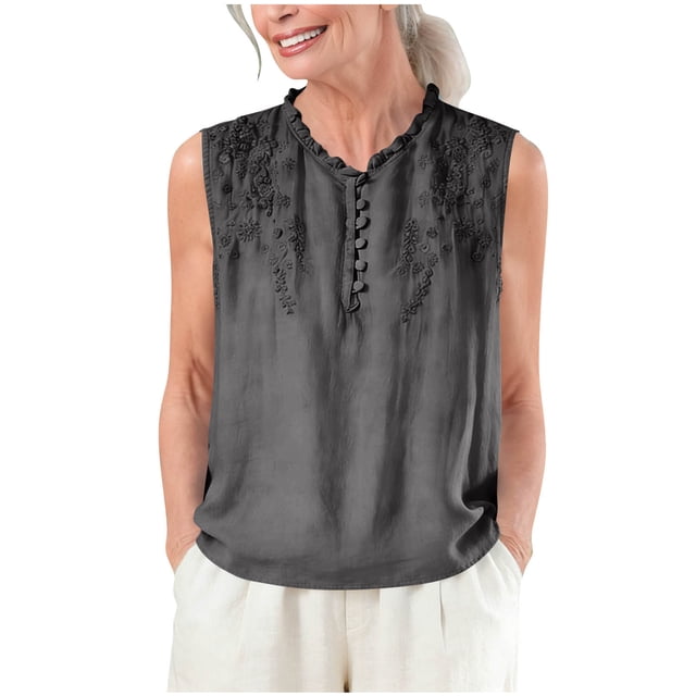ZVNAH Haut Sans Manches à Broderie Florale pour Femme, Blouse Décontractée Style Henley à Col en V Volanté, P-2TG