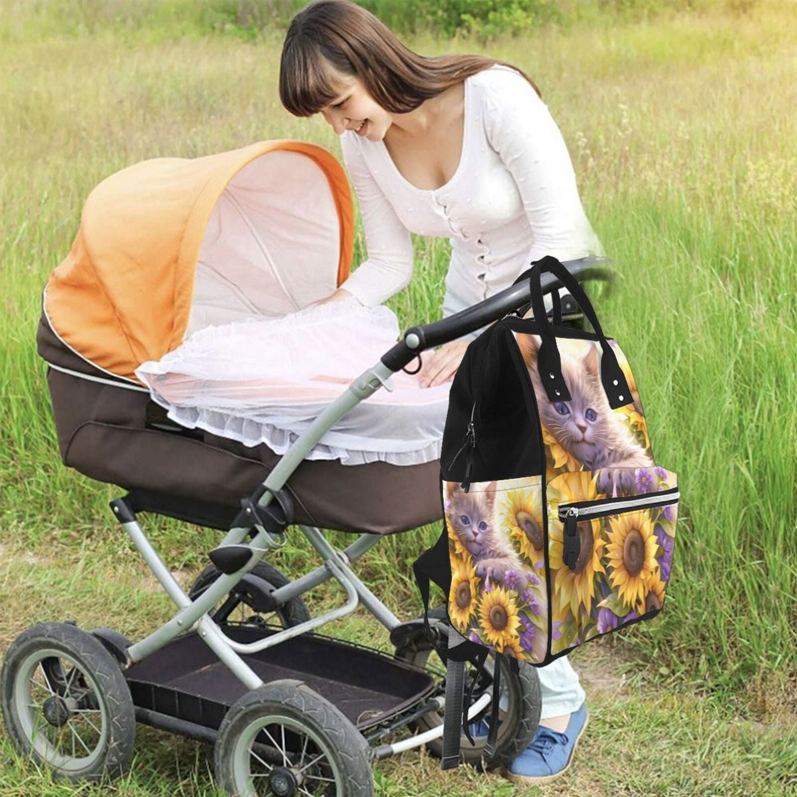 Fuzoiu Daisy Sunflower Lazy Cat Print Diaper Bag Backpack,Baby Essentials Travel Tote,Multi function Waterproof Diaper Bag, Travel Essentials Baby Bag - Unisex