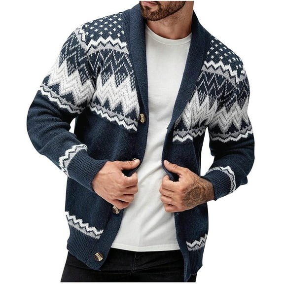 Men's Christmas Sweater Long Sleeve V Neck Lapel Button Down Knitted Coat Blue 2XL