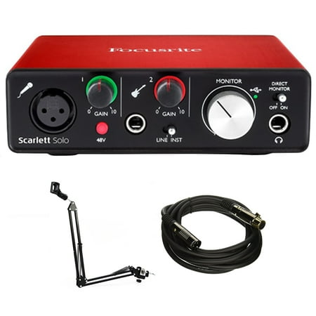 Focusrite Scarlett Solo USB Audio Interface (2nd Generation) With Pro Tools and More (AMS-SCARLETT-SOLO-2N) with Microphone Suspension w/ Boom Stand & XLR 10' Male to XLR Female Gold Plated