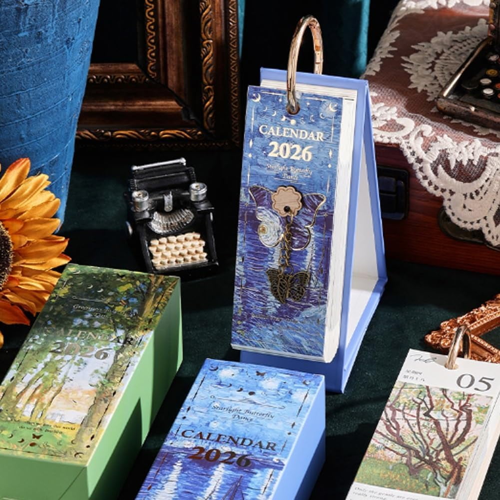 2026 Vintage European Style Oil Painting Flip Calendar, Elegant Desktop Flip Calendar with Butterfly Pendant, 12 Months of Oil Painting Holiday Themes, Suitable for Home, Living Room, Office, Create