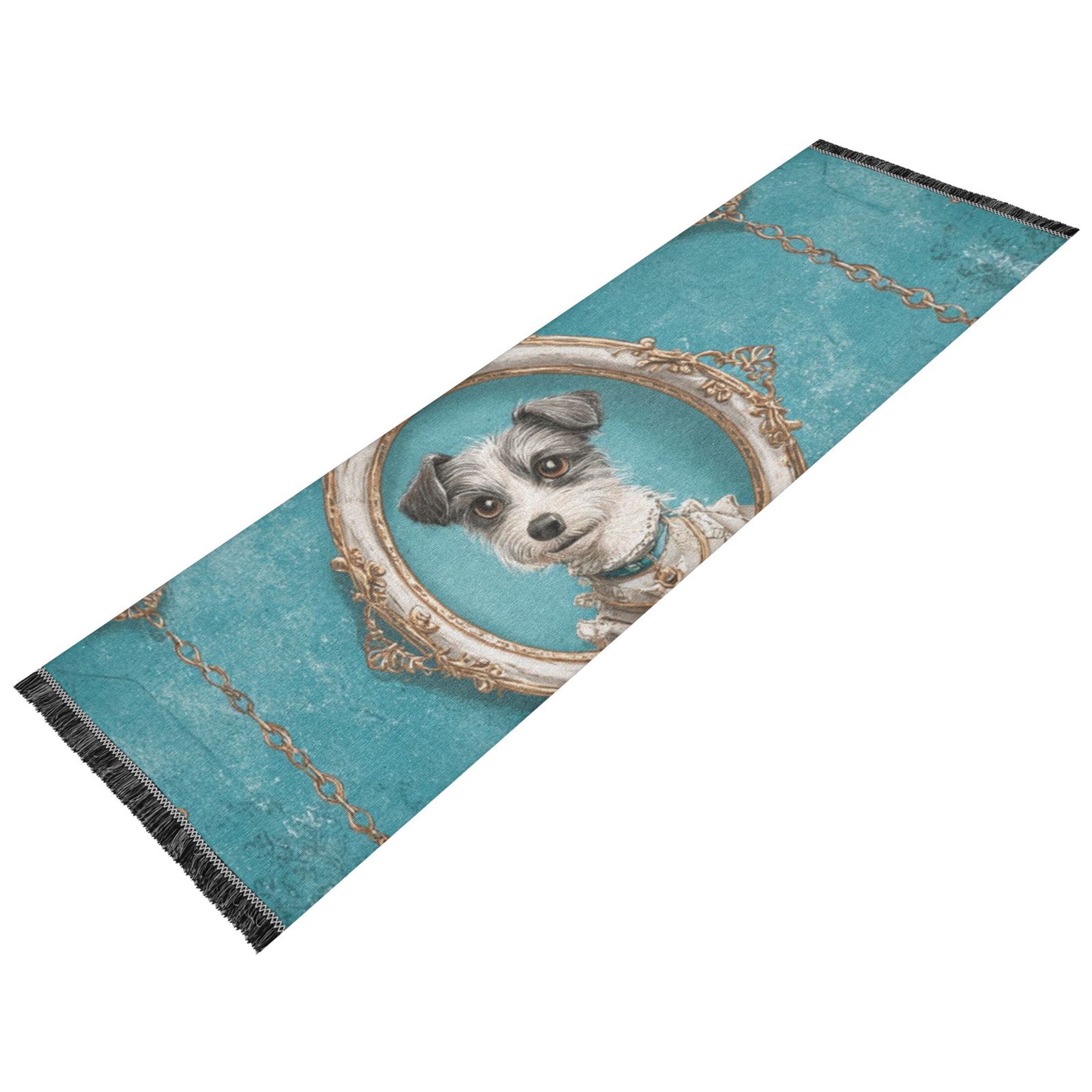 Bedroom Hallway Indoor Outdoor Mat With Rubber Backing Runner Rug Long Portrait Frames and Gold Chains