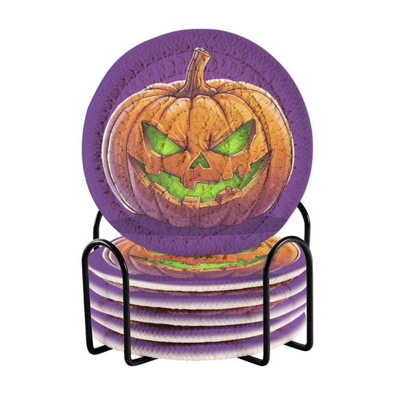 Haosy Set of 6 Drink Woven Coaster with Holder Heat Resistant Non-Slip Bar Coasters 4 Inches Halloween Evil Pumpkin