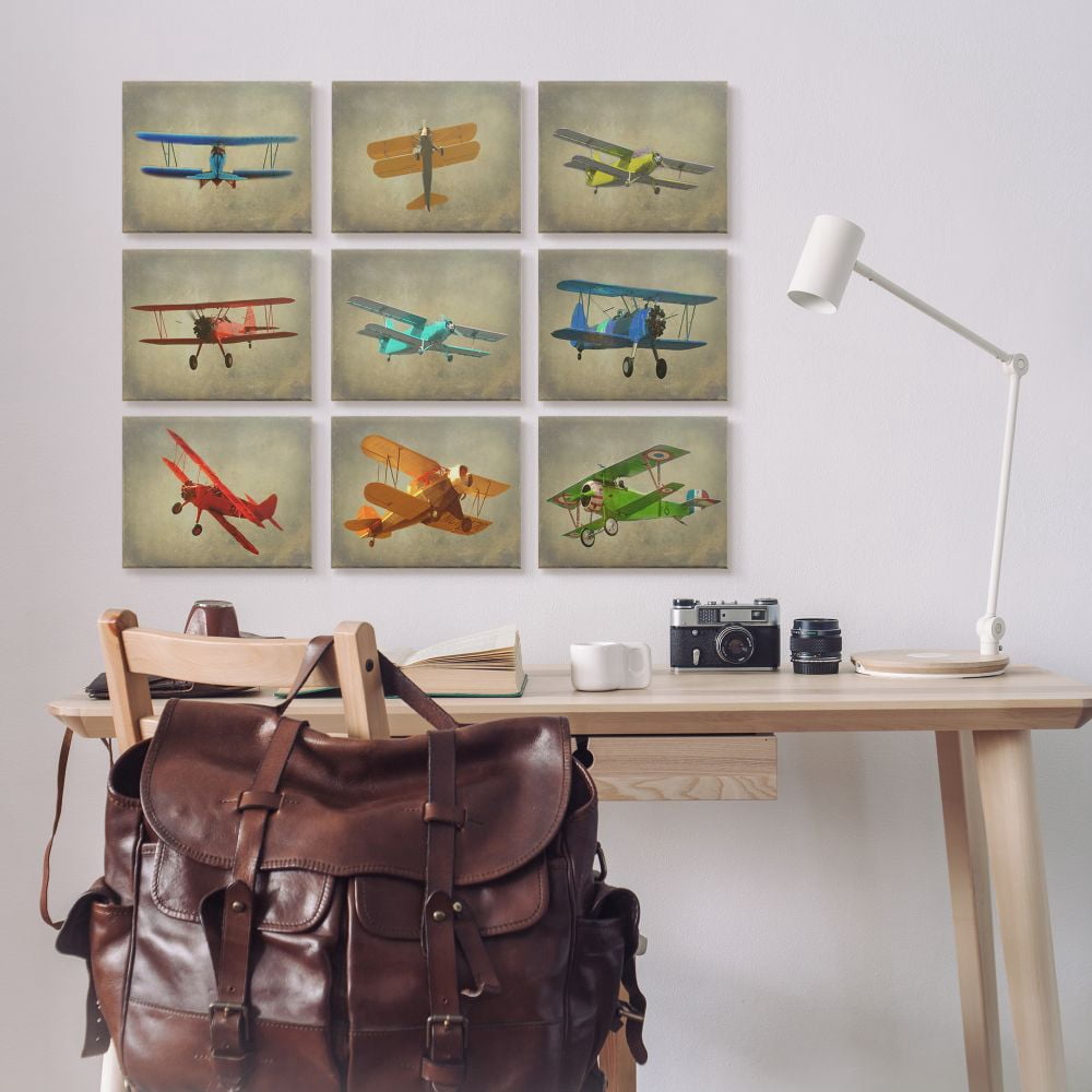 Stupell Industries Colorful Planes At Flight Distressed Vintage Aircraft Canvas Wall Art Design by Ashley Calhoun, 9 Piece, 11" x 14"
