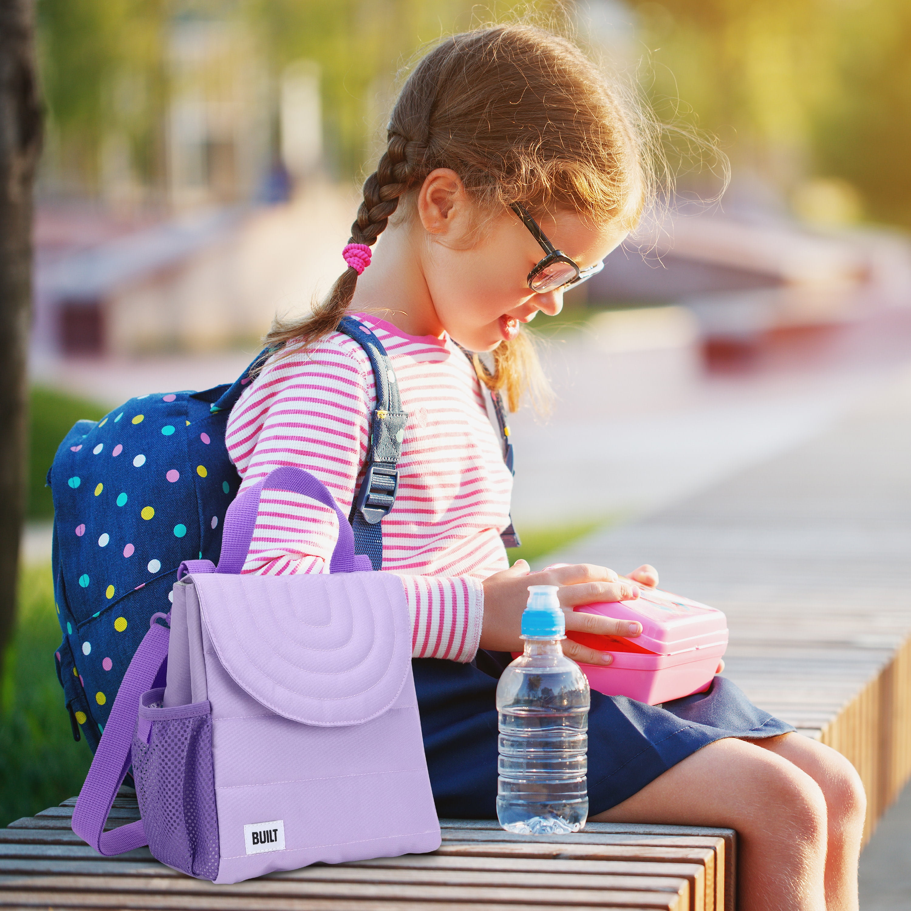 BUILT Insulated Reusable Polyester Kids Lunch Box Puffer Bag with Side Pocket, Purple