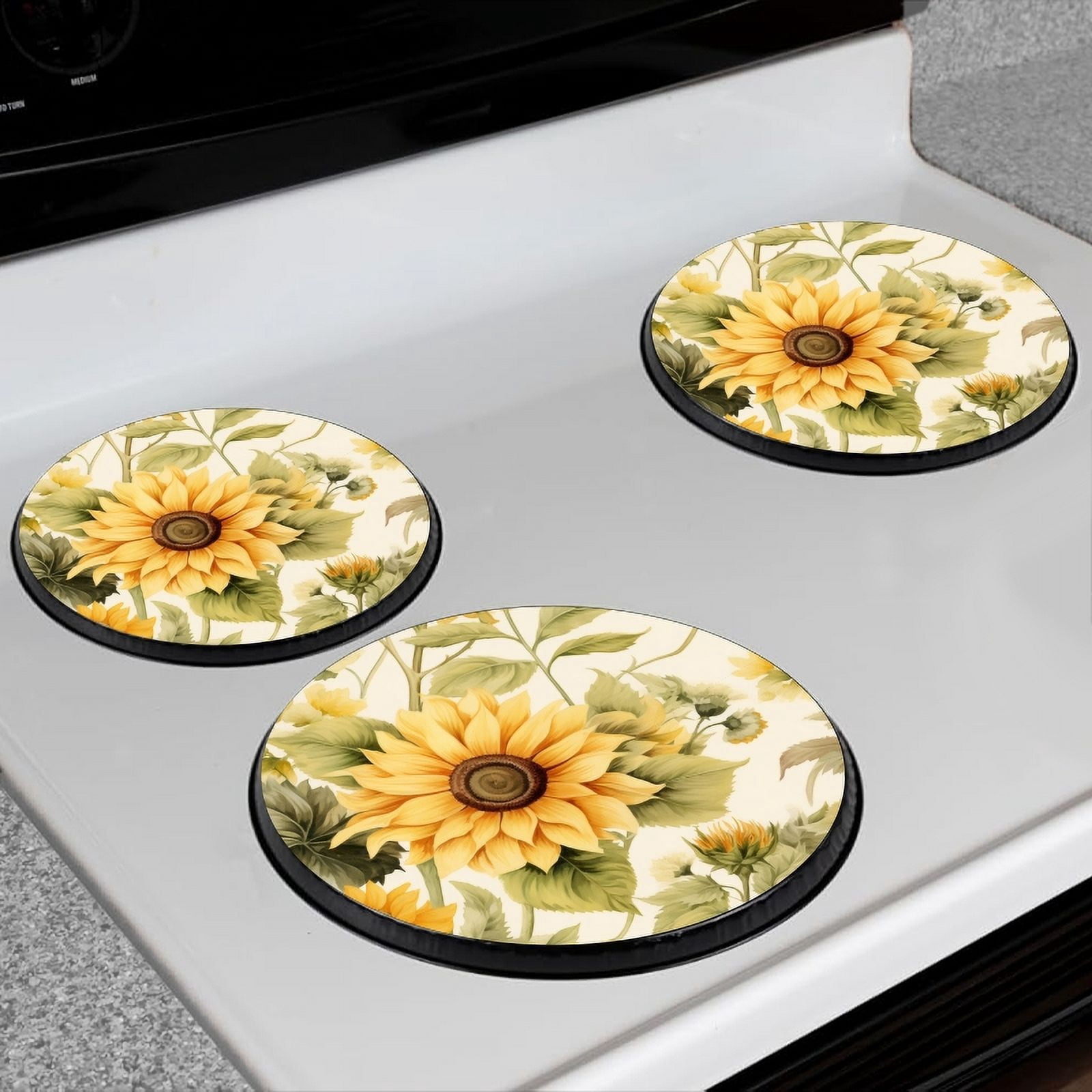 Bahomeck Gas Stove Burner Cover Set Of 4,Sunflowers And Green Leaves In The Style Of Watercolor Metal Electric Stove Burner Covers,Protecting Gas Stoves,Kitchen Decor，8 Inch And 10 Inch