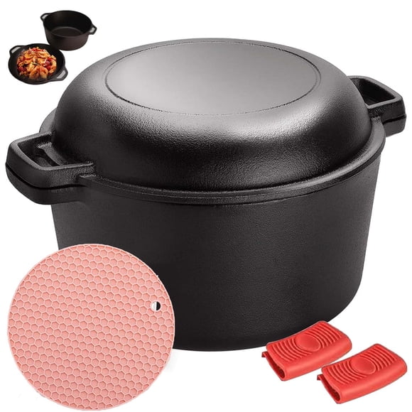 2 En 1 Horno Holandés Hierro Fundido con Tapa,4.7L Olla Holandesa Redonda,Doble Función Horno Espesado,con Mango Y Almohadilla de Silicona,para Varias Estufas,Se puede fre&ia