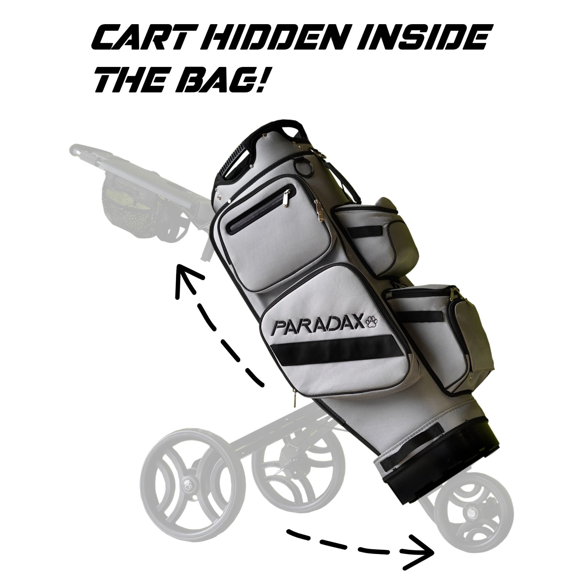 Paradax AI-1 All-In-One Golf Bag with Built-in 3-Wheel Push Cart - Gray Bag with Black Accents