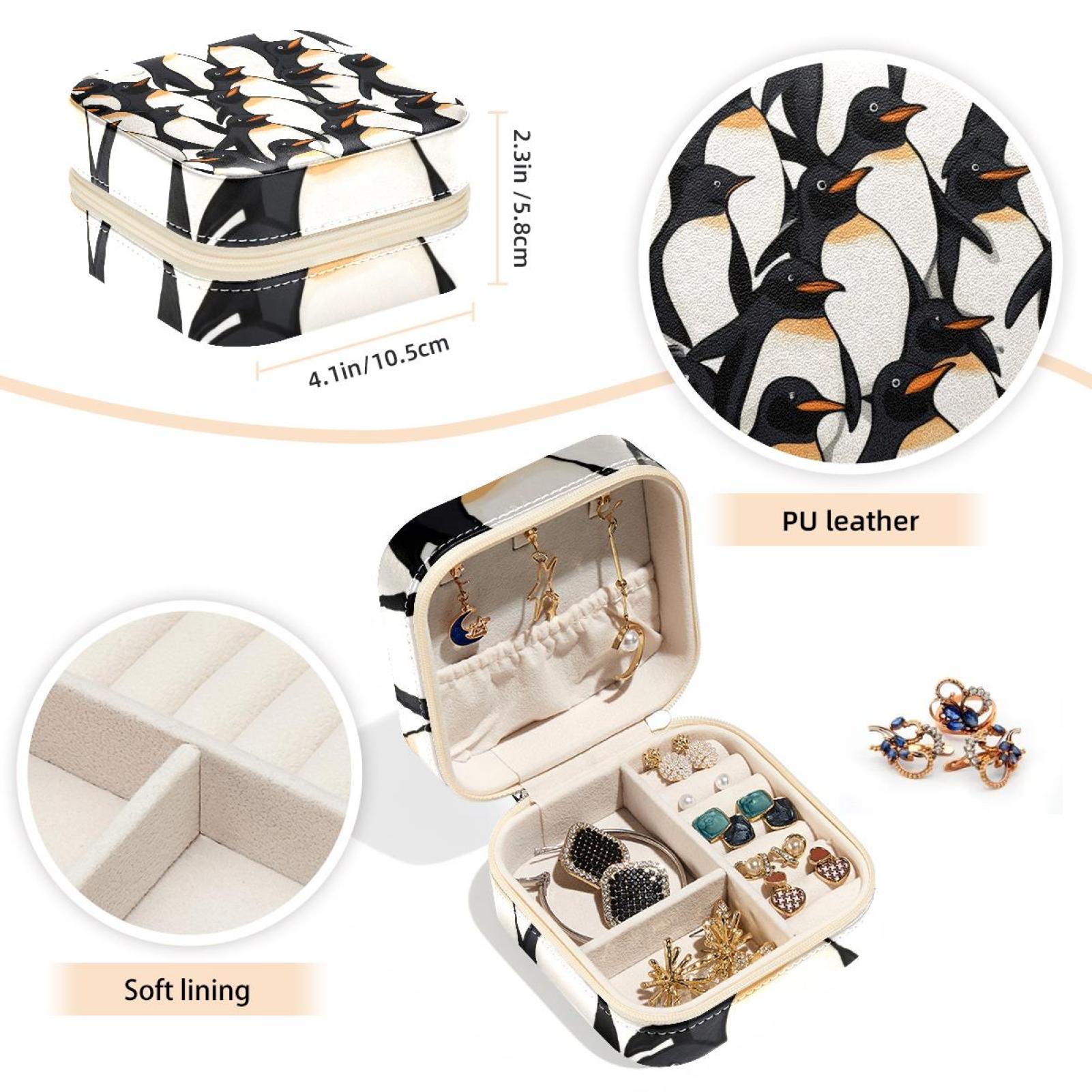 PhooArto Small Jewellery Box, Penguins Pattern Portable Travel Mini Jewelry Case for Women Leather Ring Organizer