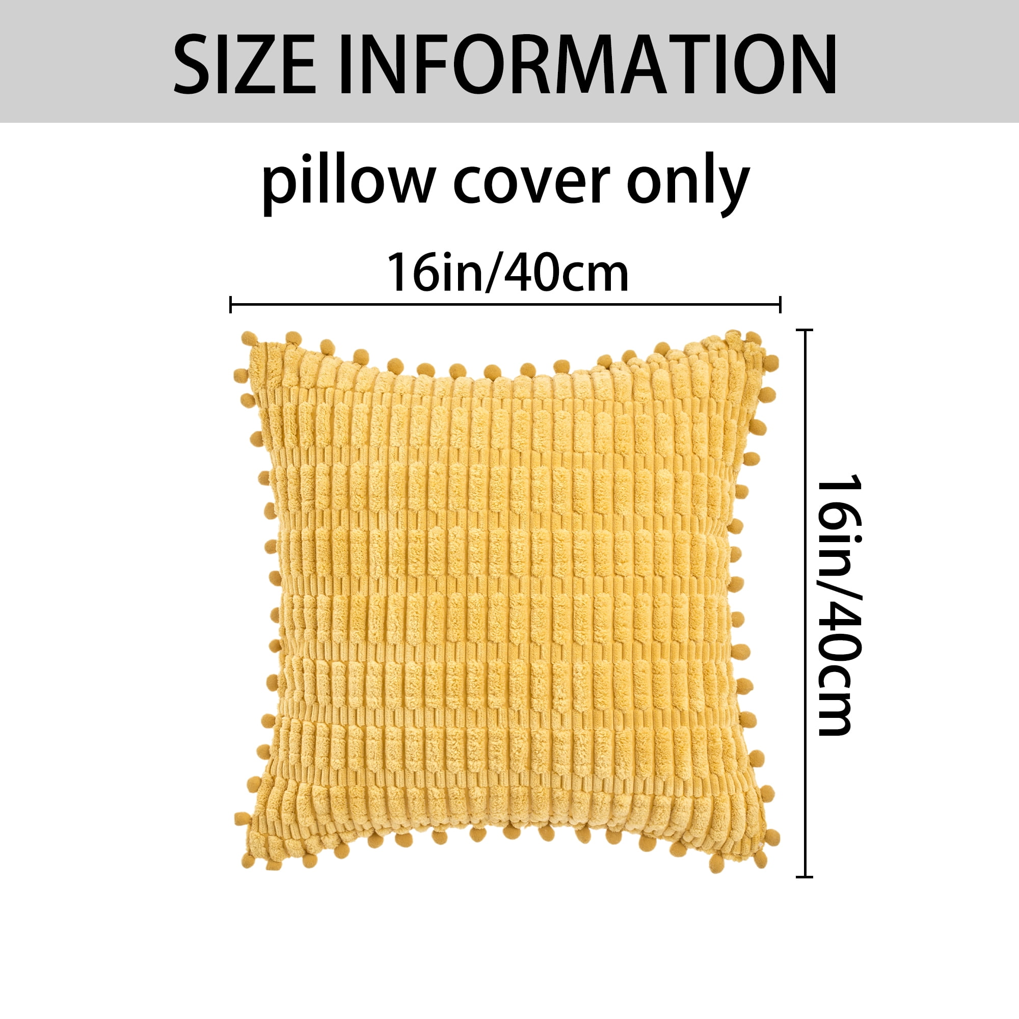 Unique Bargains Set of 2 Corduroy Throw Pillow Covers with Pom-pom Edges 16" x 16" Yellow