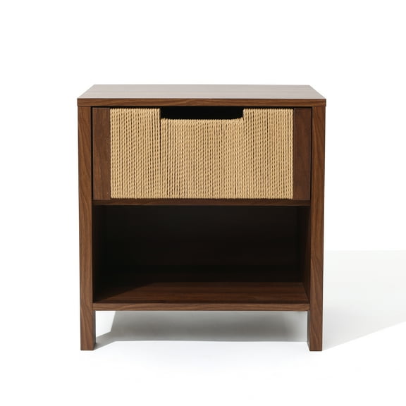 LuxenHome Walnut Finish MDF Wood with Rope Front 1-Drawer Nightstand and End Table