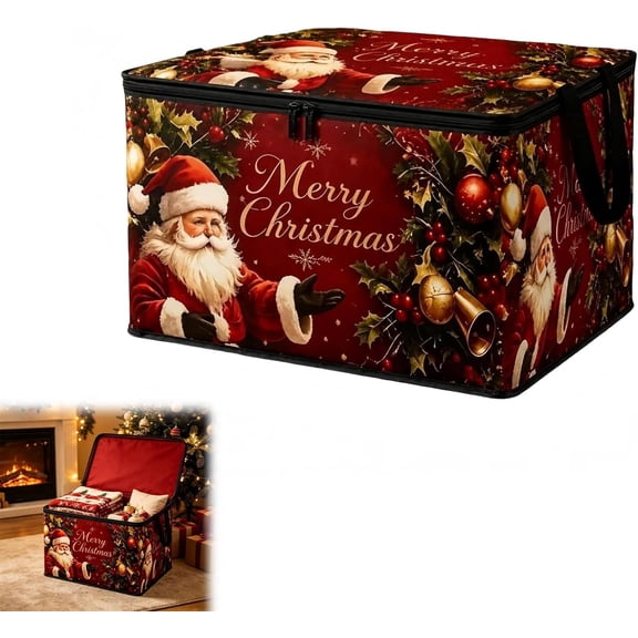 XAOUS Merry Christmas Storage Bin with Lid, Santa Zipper Organizer Bag (#XL)