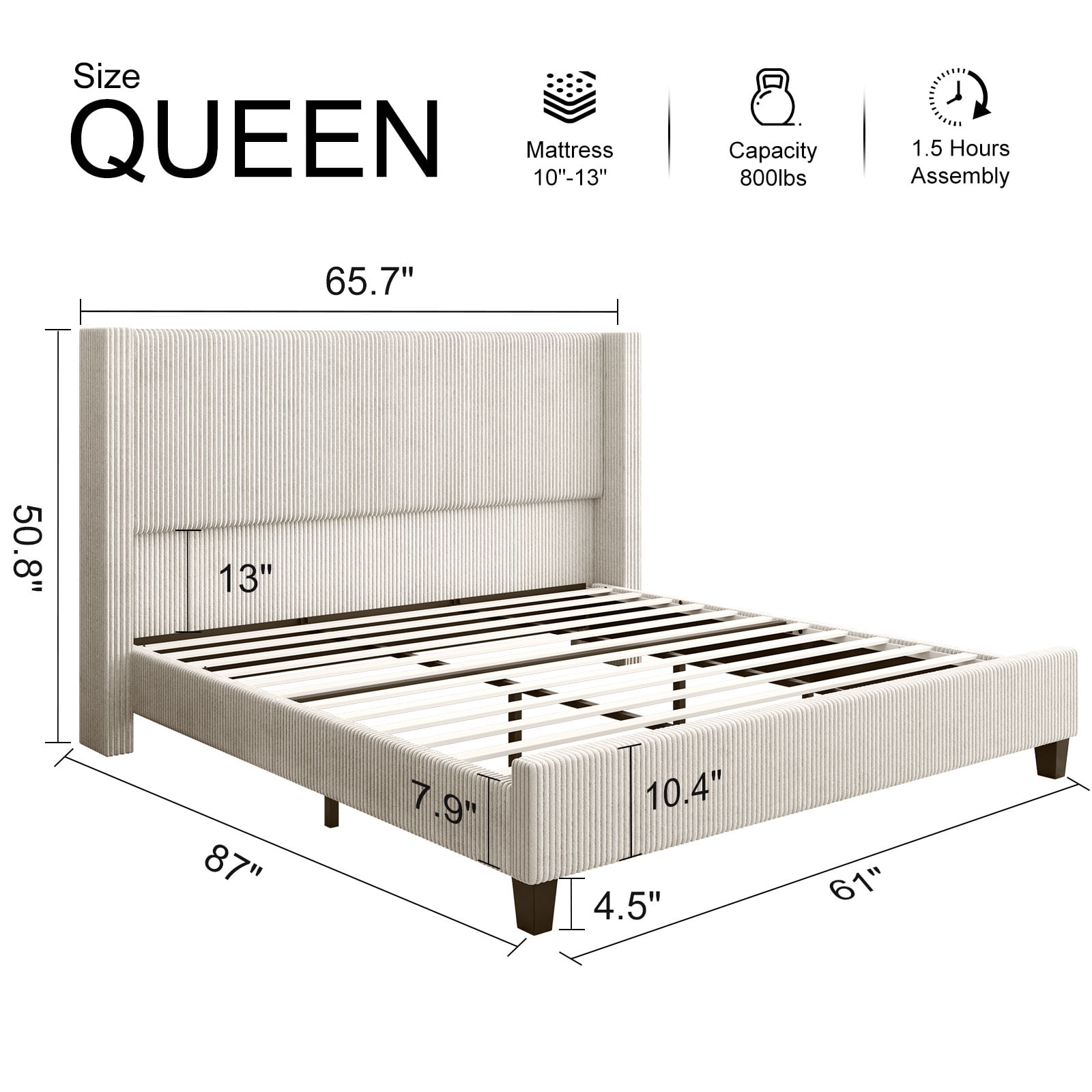 VanAcc Queen Size Upholstered Platform Bed Frame, Wingback Bed with 50.8" Headboard, Corduroy