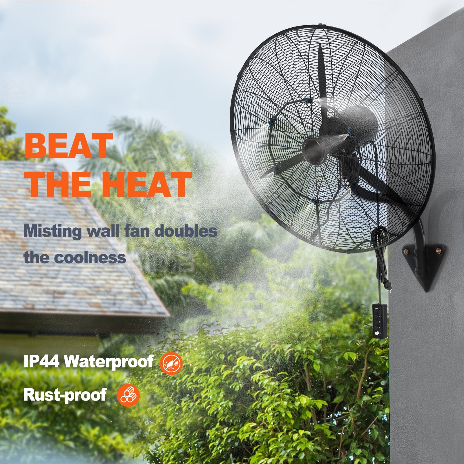SKYSHALO Wall-Mount Misting Fan Oscillating Metal Fan 24.3'' 3 Speed Waterproof