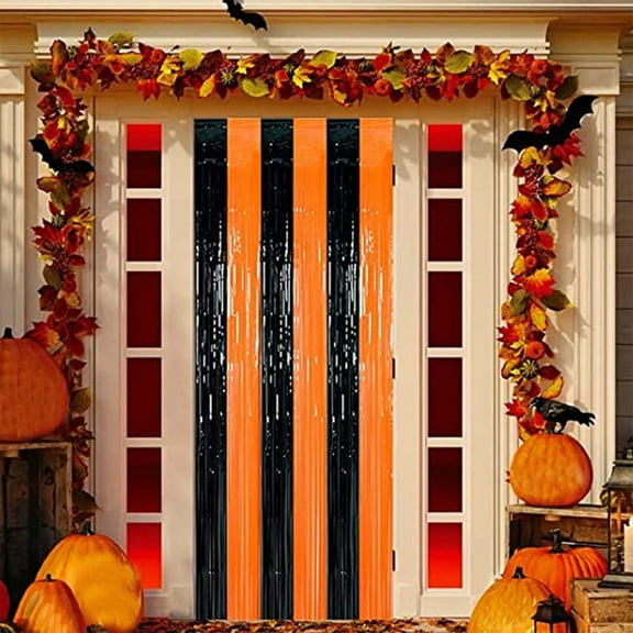 YIMWNYI 2Pcs Halloween Orange Rain Curtain, Party Wall Background Decoration, Self-Adhesive Halloween Decor, Home Party Supplies, Halloween Door Curtain for Indoor & Outdoor, Thanksgiving Decorations