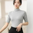 thumbnail image 2 of XIAONU Women's Solid Mock Neck Top Slim Fit Elbow Sleeve Pullover Blouse Versatile Casual Office Daily Wear, 2 of 5