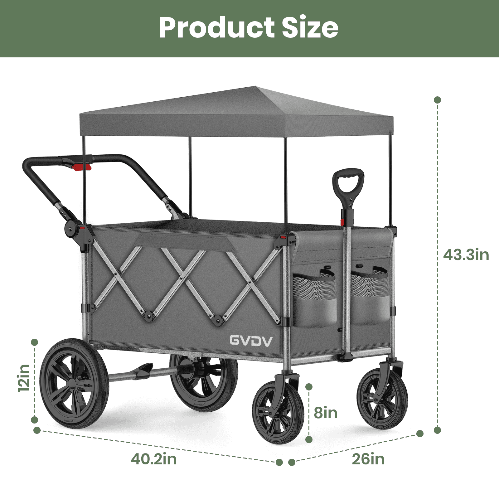 GVDV Stroller Wagon for Kids, 3-in-1 Collapsible Double Stroller Wagon for Toddlers, All-Terrain Baby Stroller with Removable Canopy, Adjustable Push/Pull Handles, 5-Point Harness, Gray