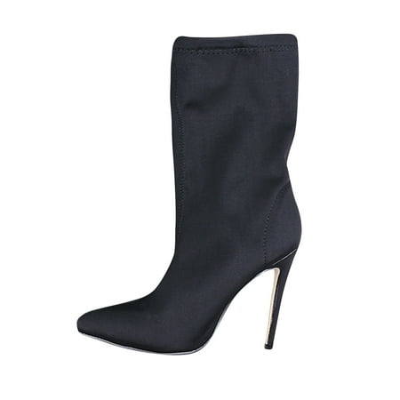 jsaierl Women s High Heeled Stiletto Boots Shoes Fashion Color Stretch Fabric Pumps Mid Calf Boots